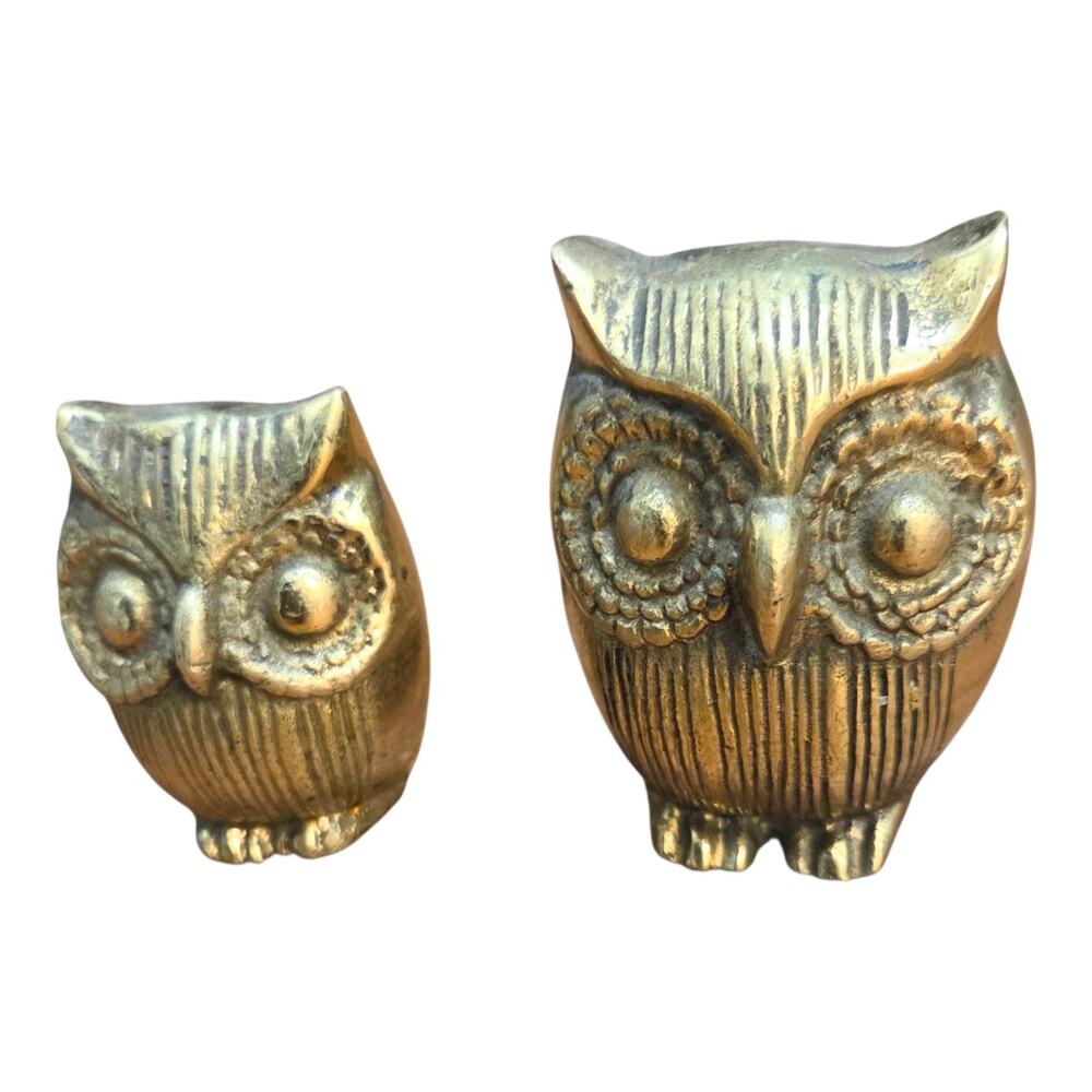 Vintage Solid Brass Owl Figurines Set 2 MCM Bird Statues Paperweight Home Decor